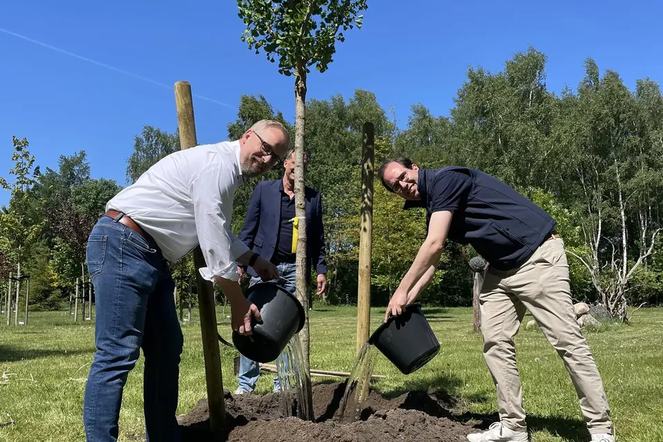 Vertreter des Lions Clubs Jesteburg beim ersten Wässern des Ginkgo-Baums in Heidenau