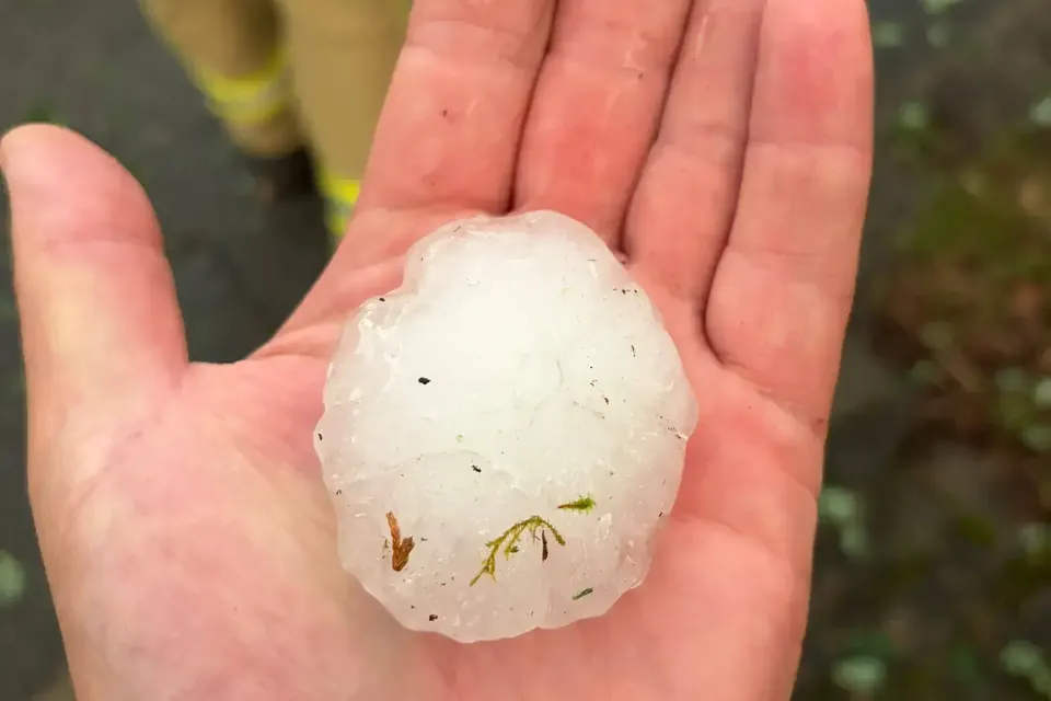 Großes Hagelkorn in einer Hand nach dem Unwetter in Heidenau